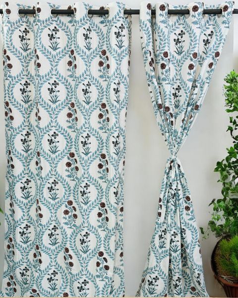 Blue Flower Print White Curtains-Jaipur Wholesaler