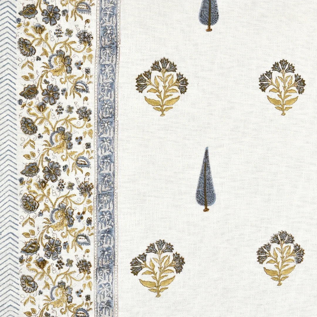 Blue Golden Floral Hand Block Printed Cotton Bedcover-Jaipur Wholesaler