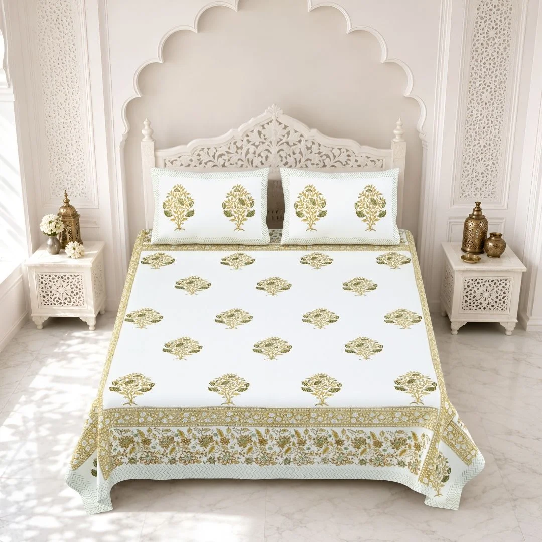 Golden Flower Hand Block Printed Cotton Bedsheet-Jaipur Wholesaler