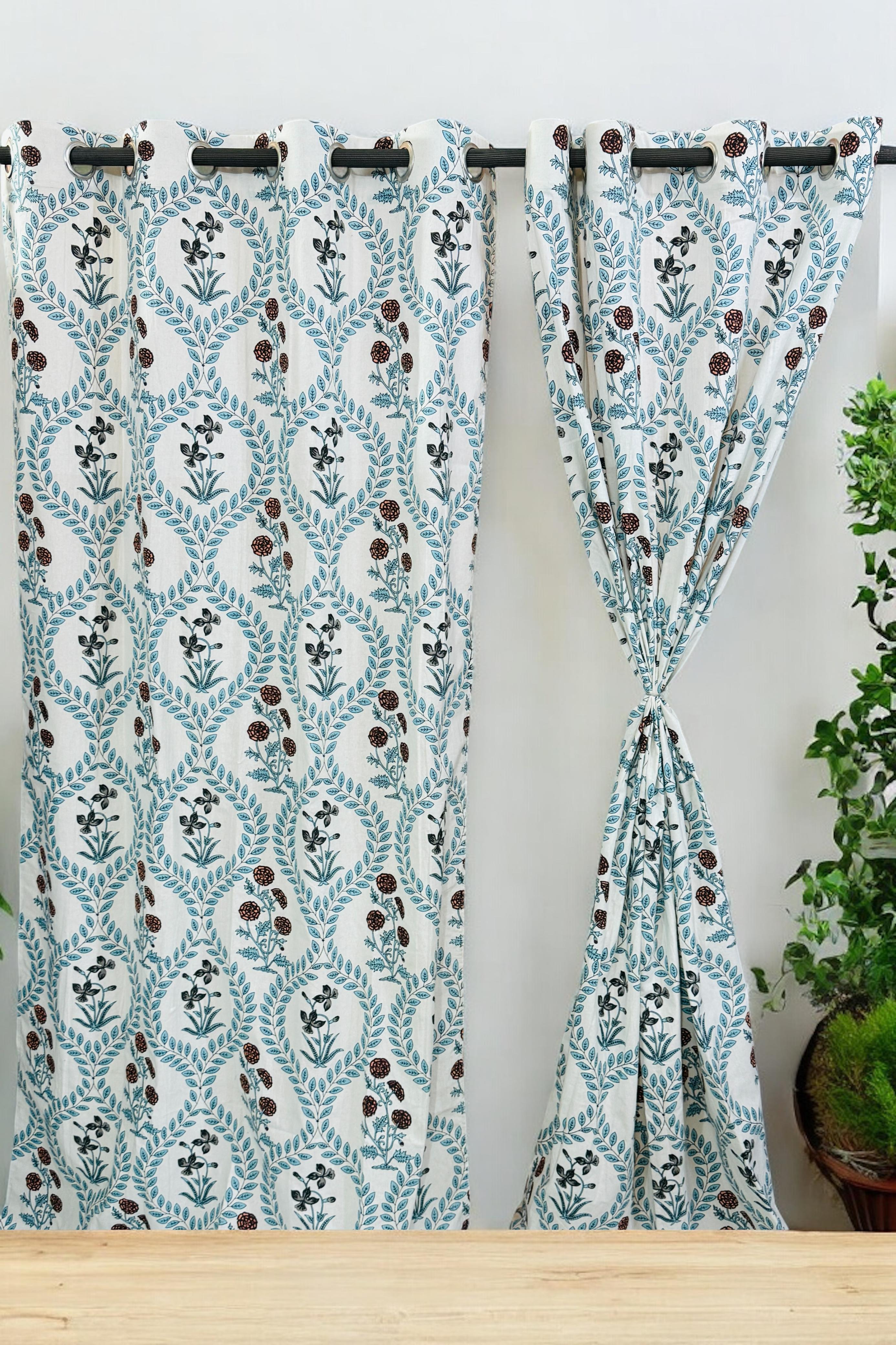 Blue Flower Print White Curtains-Jaipur Wholesaler