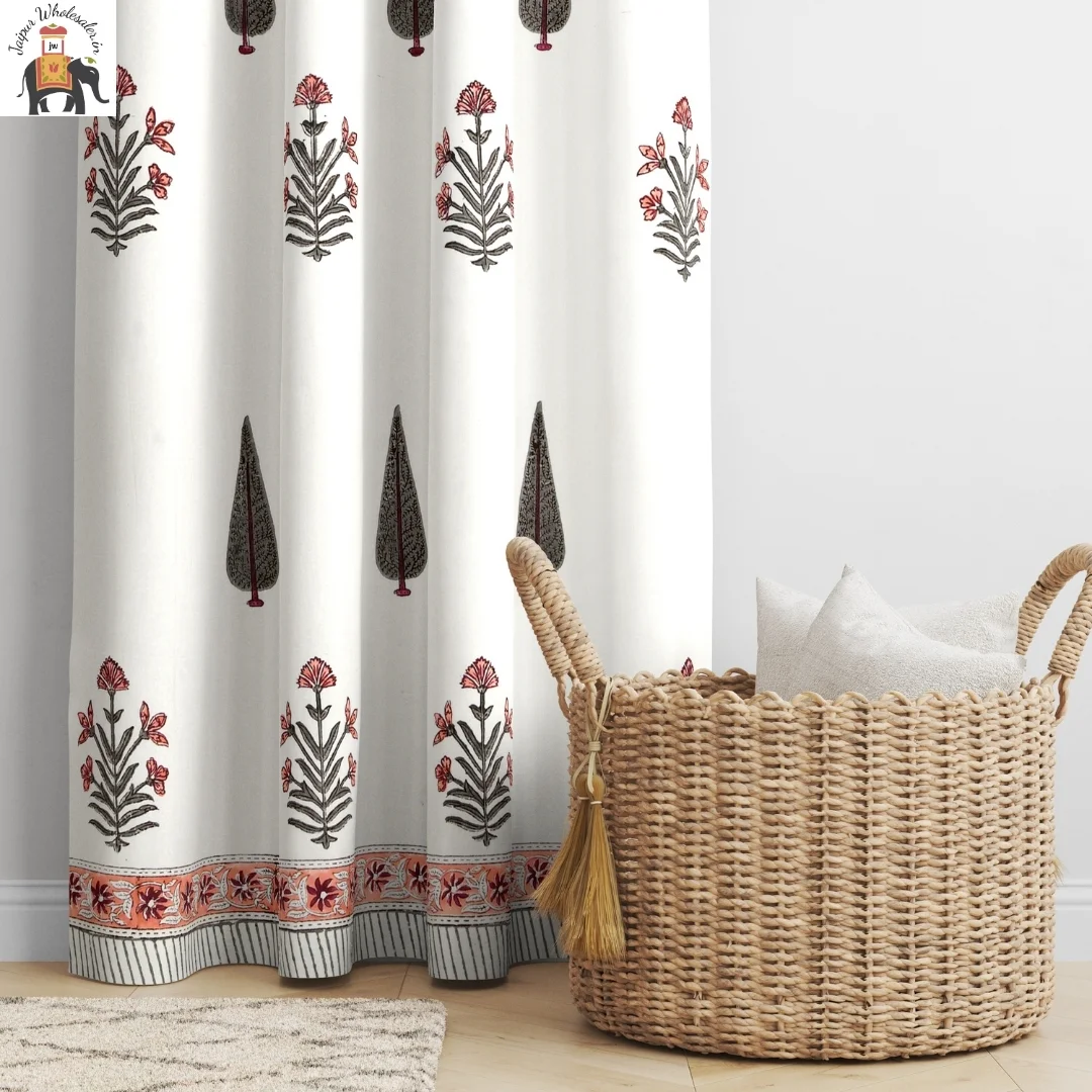 Peach Floral Hand Block Print Cotton Curtains-Jaipur Wholesaler