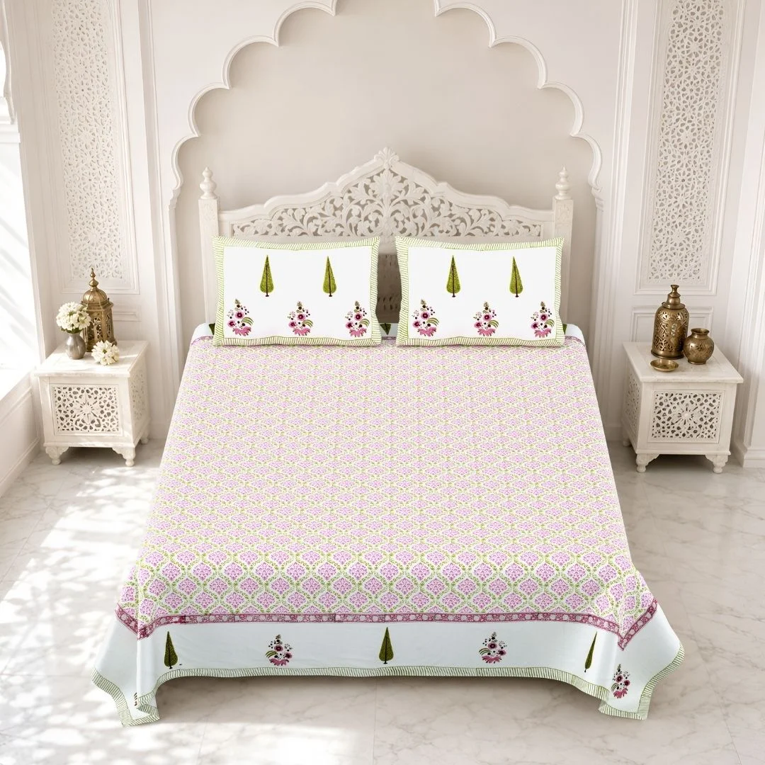 Designer Pink Floral Block Printed Cotton Bedsheet-Jaipur Wholesaler