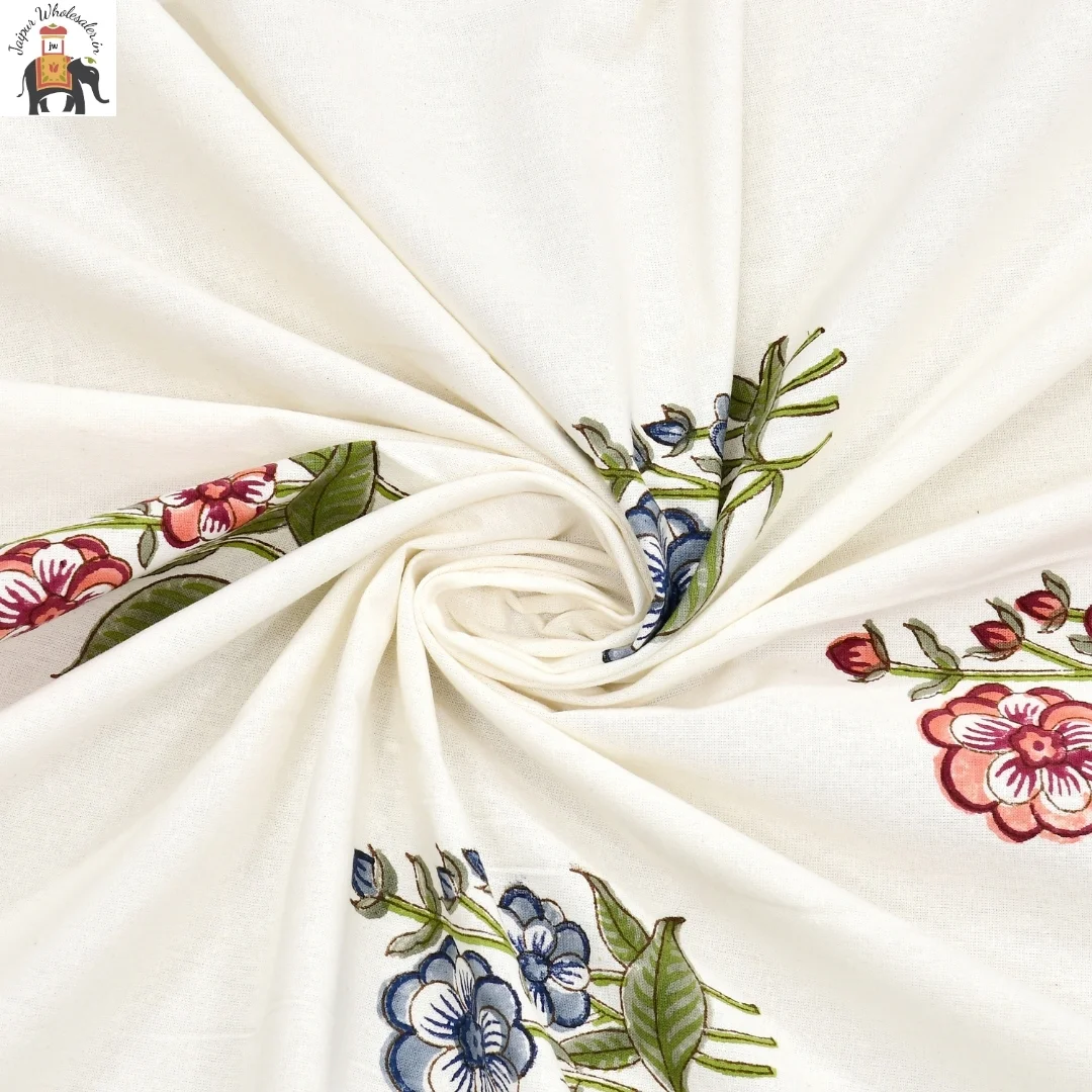 Pink And Blue Floral Hand Block Print Cotton Curtains-Jaipur Wholesaler