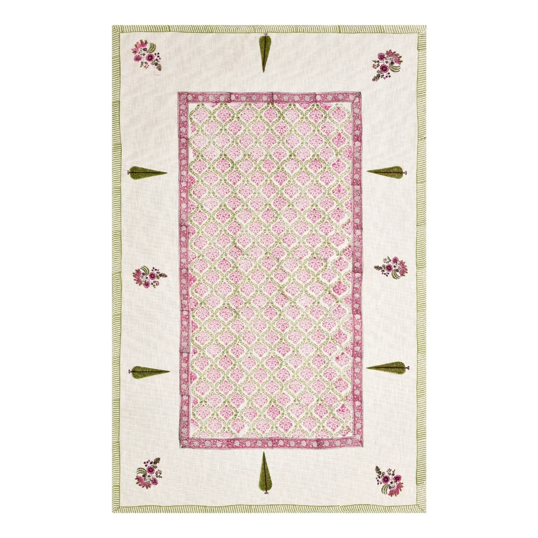 Pink Floral Block Printed Cotton Table Cover-Jaipur Wholesaler