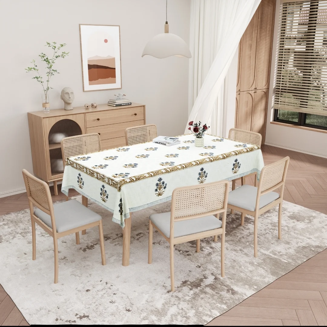 Blue Flower Block Printed Cotton Table Cover-Jaipur Wholesaler