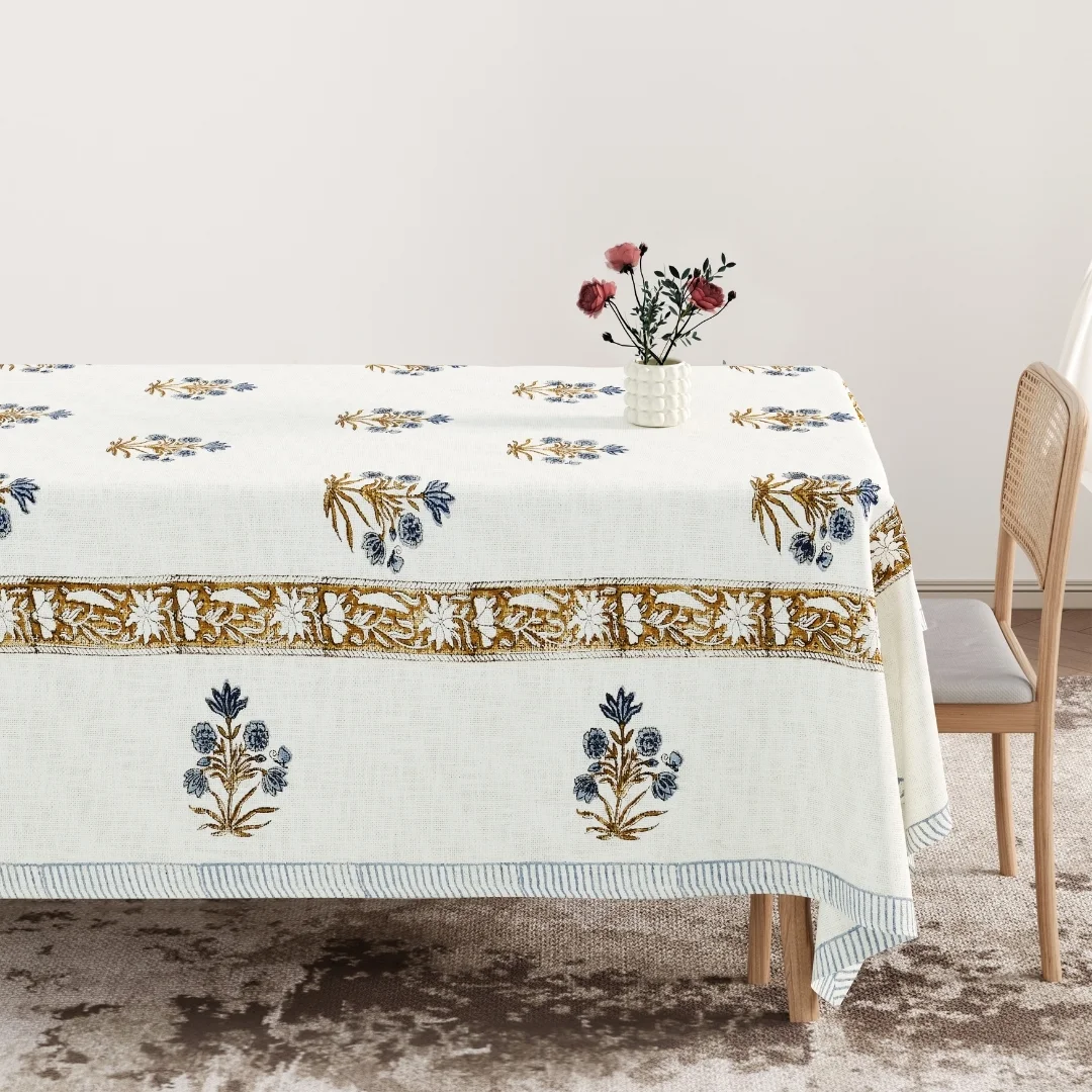 Blue Flower Block Printed Cotton Table Cover-Jaipur Wholesaler