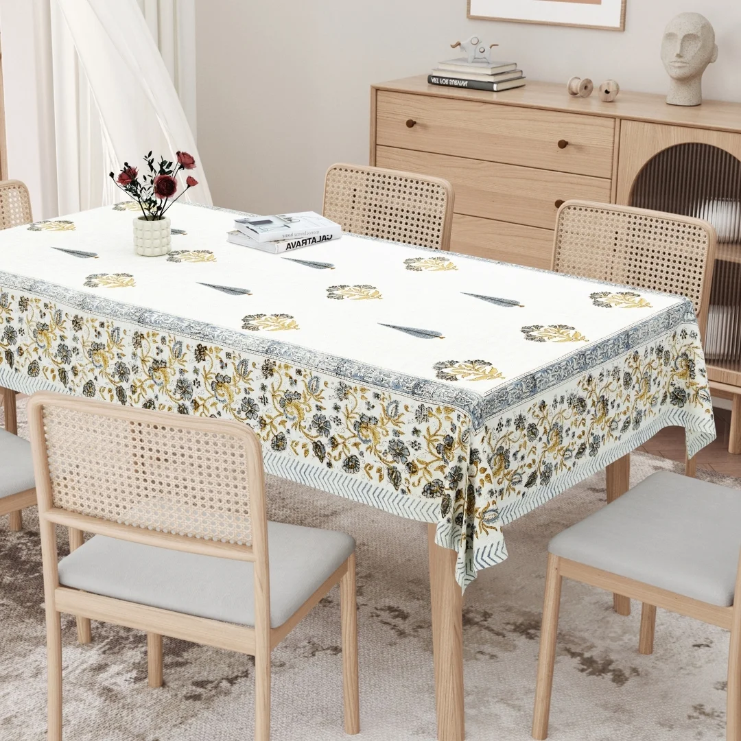 Blue Flower Hand Block Printed Cotton Table Cover-Jaipur Wholesaler
