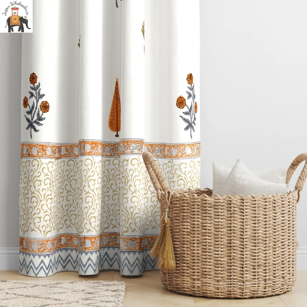 Orange Floral Hand Block Print Cotton Curtains-Jaipur Wholesaler