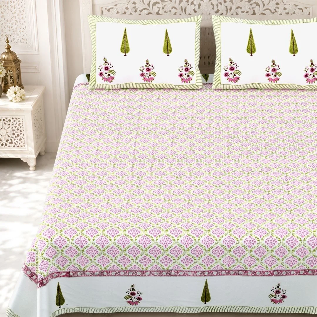 Designer Pink Floral Block Printed Cotton Bedsheet-Jaipur Wholesaler