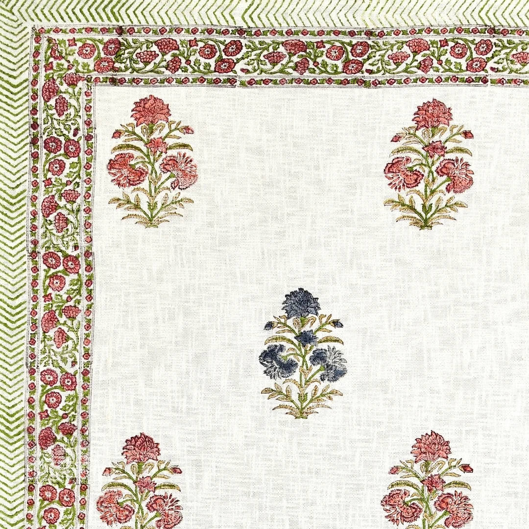 Pink Blue Flower Hand Block Printed Cotton Table Cover-Jaipur Wholesaler