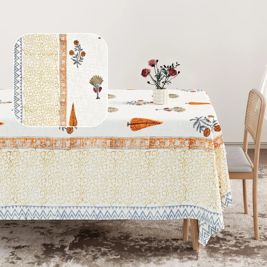 Orange Flower Hand Block Printed Cotton Table Cover-Jaipur Wholesaler
