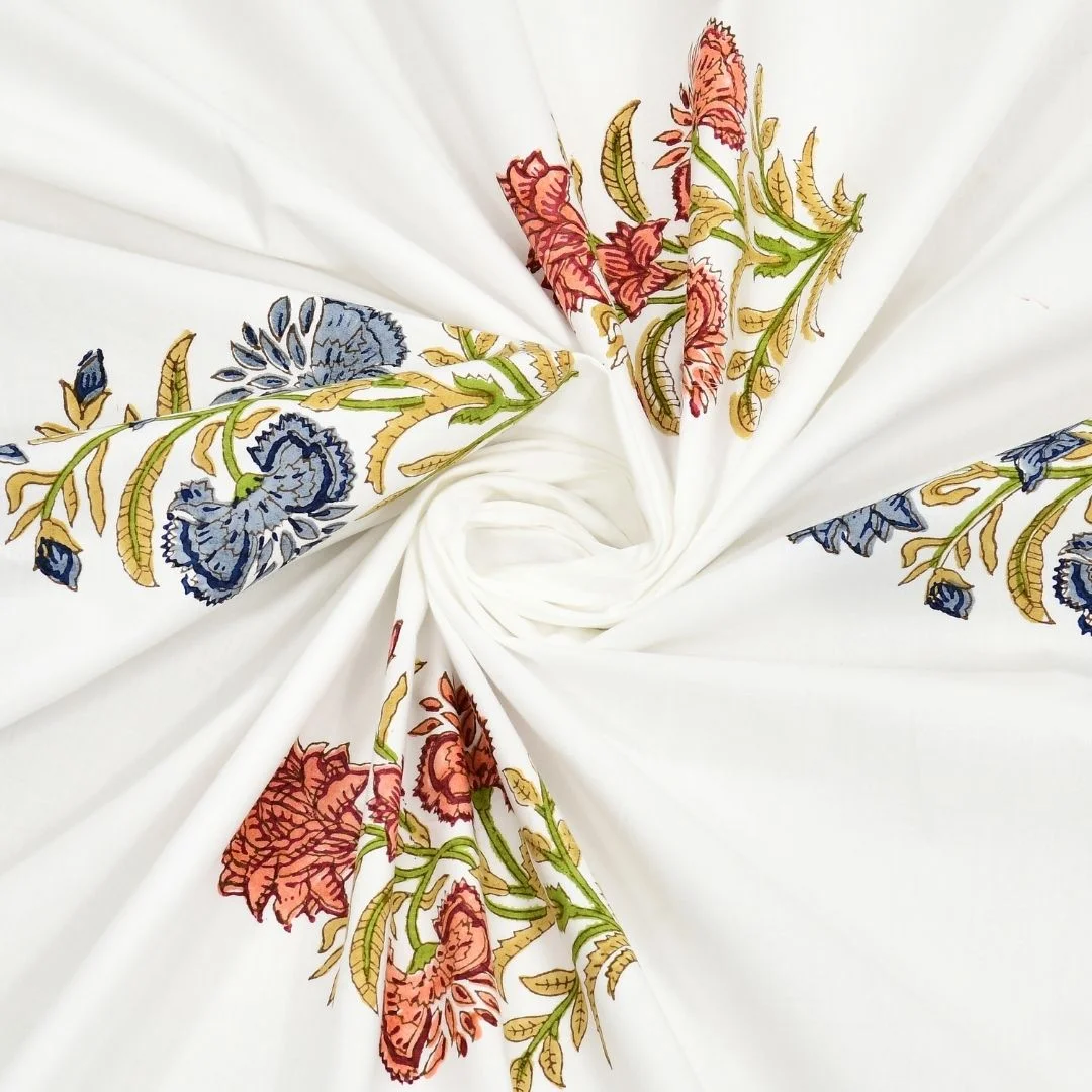 Red And Blue Flower Block Printed Cotton Bedspread-Jaipur Wholesaler