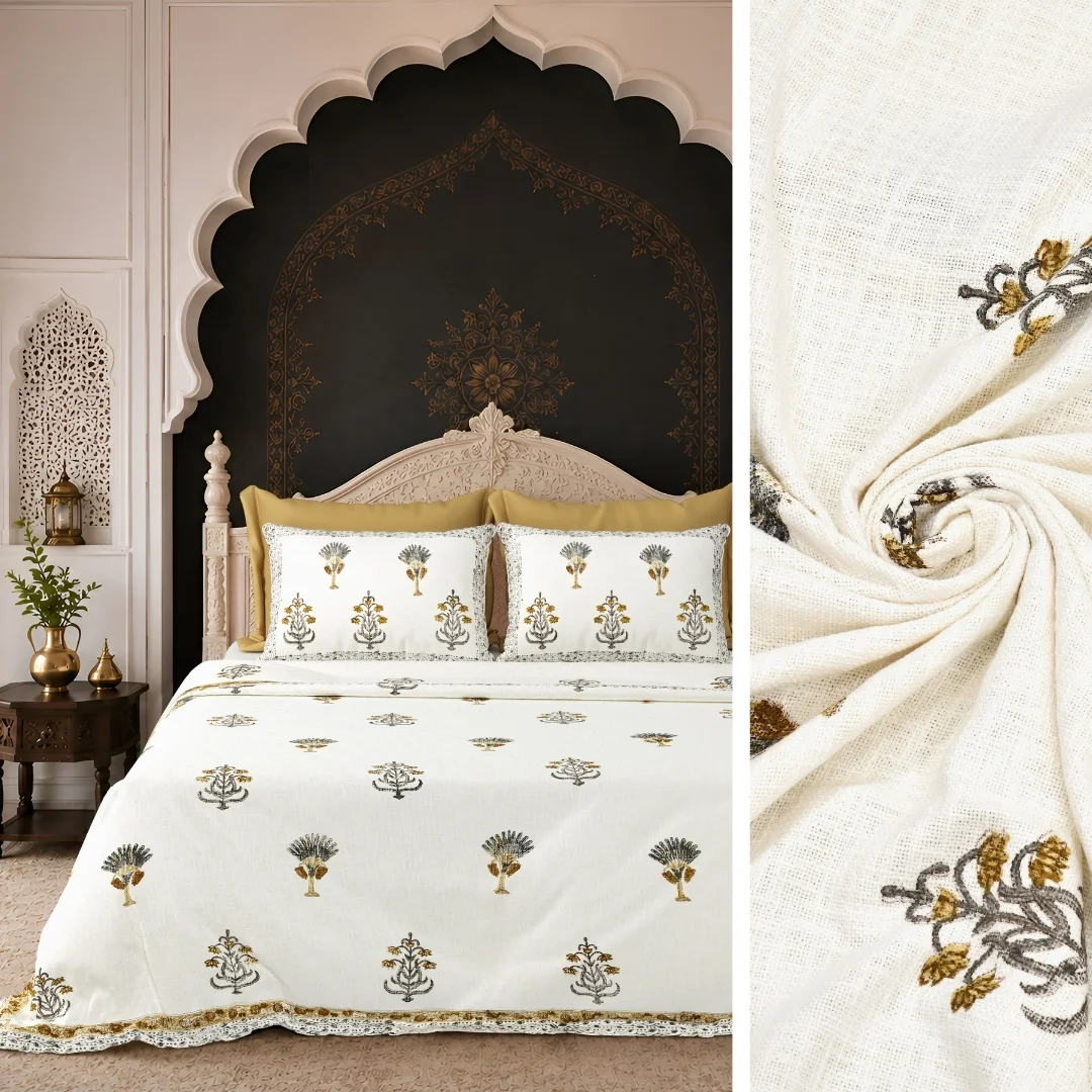 Blue Golden Flower Hand Block Printed Cotton Bedcover-Jaipur Wholesaler