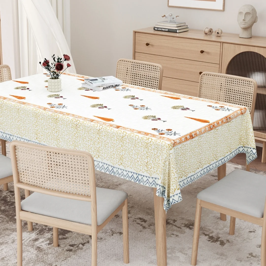 Orange Flower Hand Block Printed Cotton Table Cover-Jaipur Wholesaler