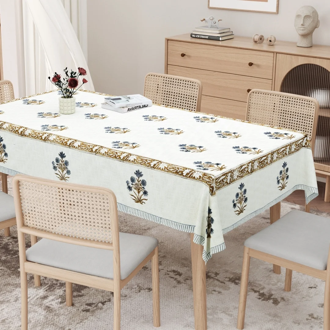 Blue Flower Block Printed Cotton Table Cover-Jaipur Wholesaler