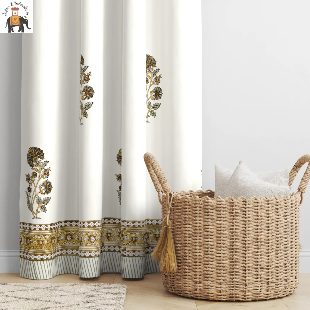 Brown Floral Hand Block Print Cotton Curtains-Jaipur Wholesaler