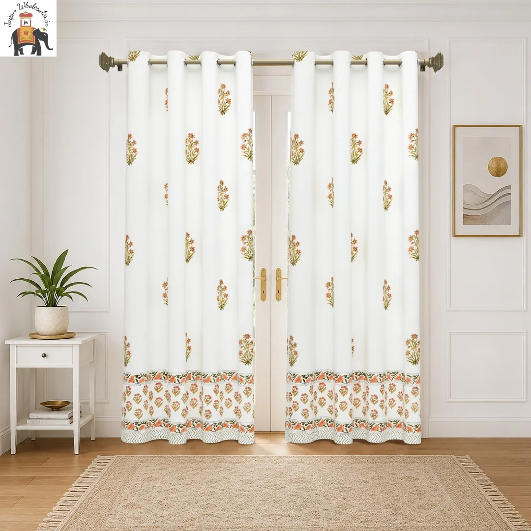 Peach And Green Floral Hand Block Print Cotton Curtains-Jaipur Wholesaler