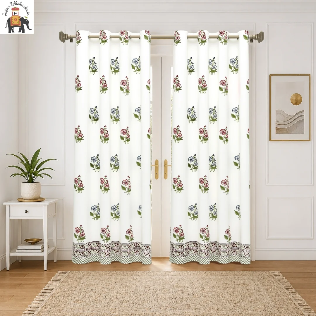 Pink And Blue Floral Hand Block Print Cotton Curtains-Jaipur Wholesaler