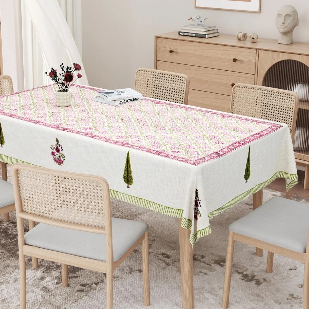 Pink Floral Block Printed Cotton Table Cover-Jaipur Wholesaler