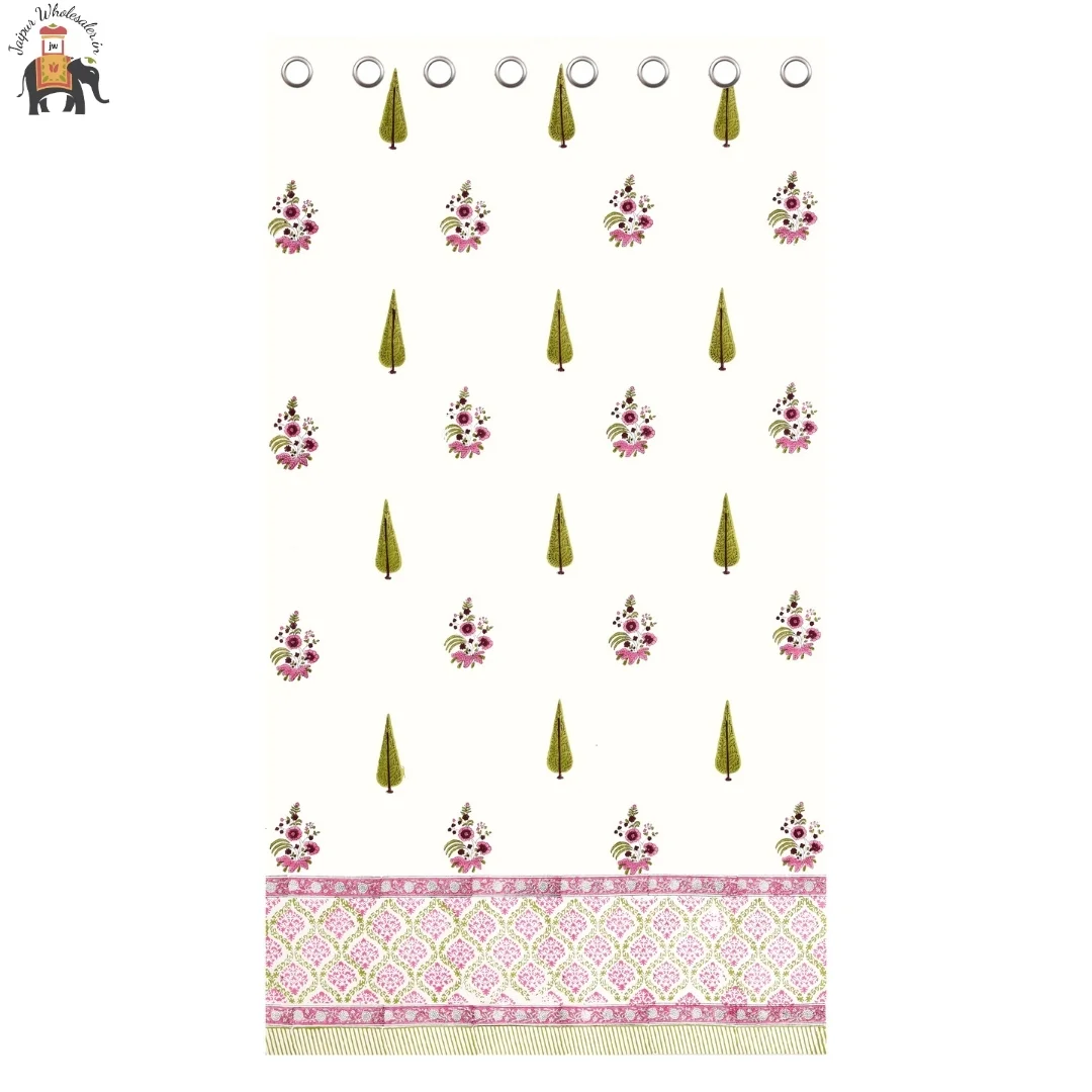 Pink Floral Hand Block Print Cotton Curtains-Jaipur Wholesaler