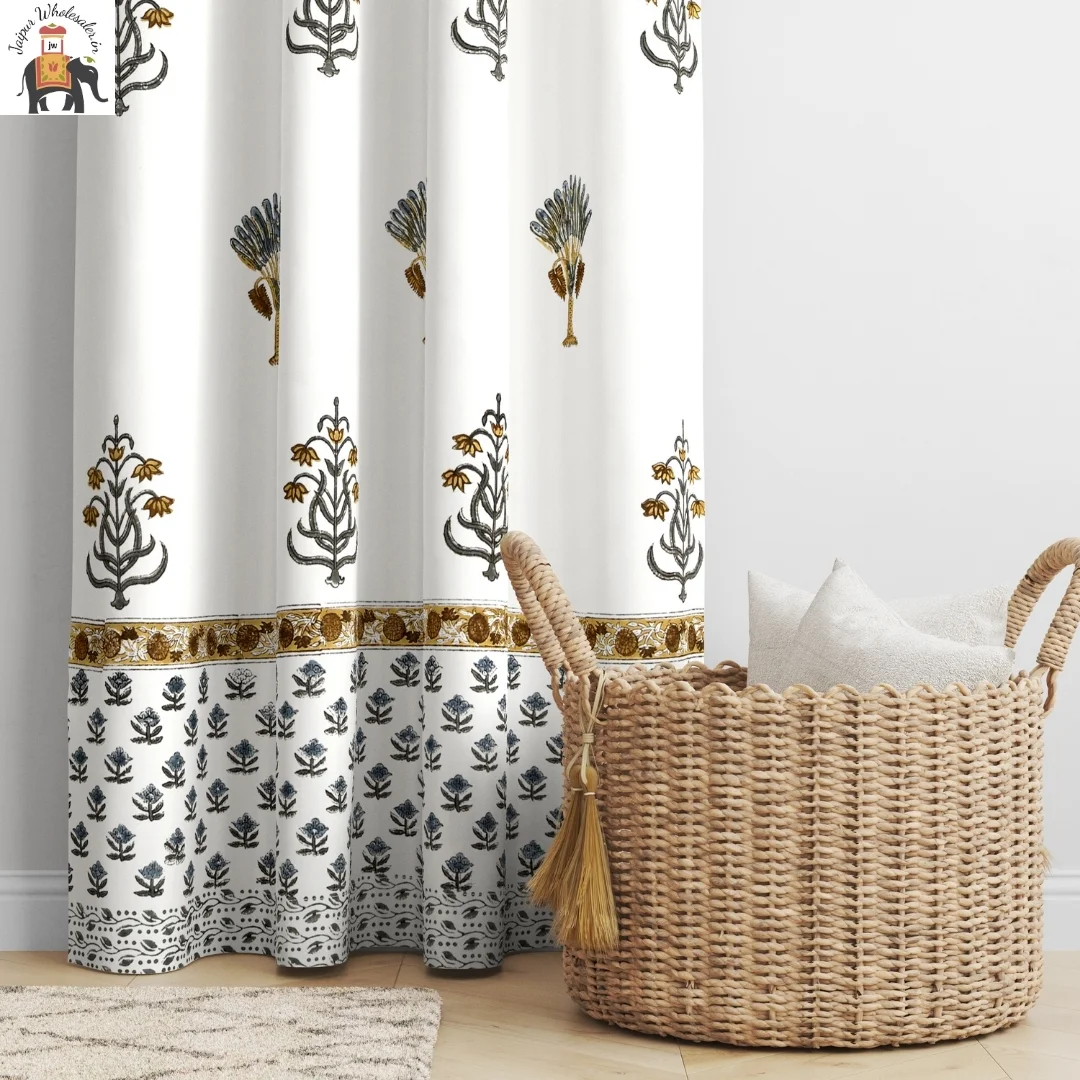 Yellow Floral Hand Block Print Cotton Curtains-Jaipur Wholesaler