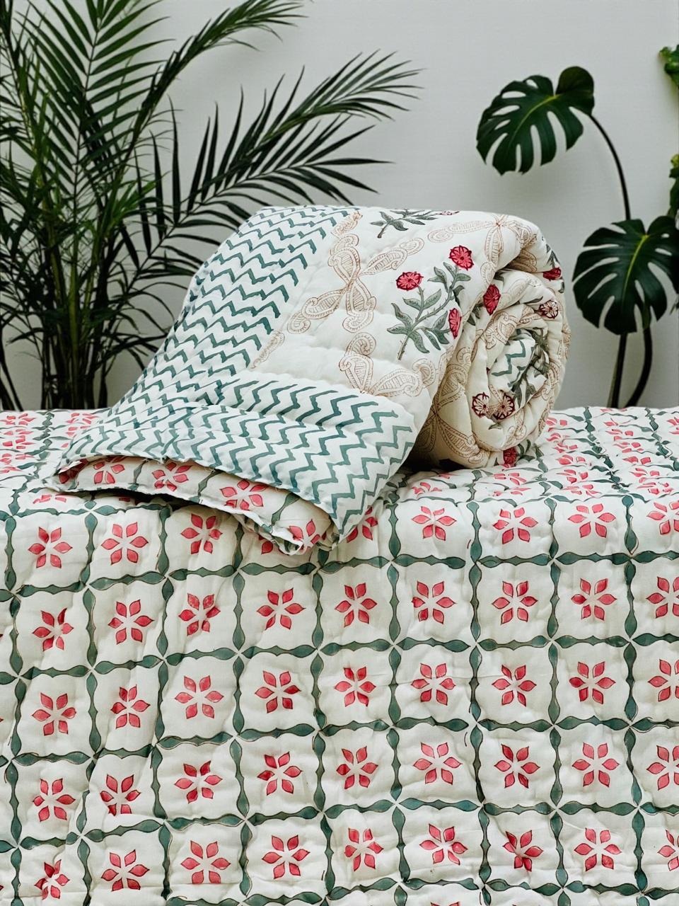 Pink and Green Floral Printed White Quilts-Jaipur Wholesaler