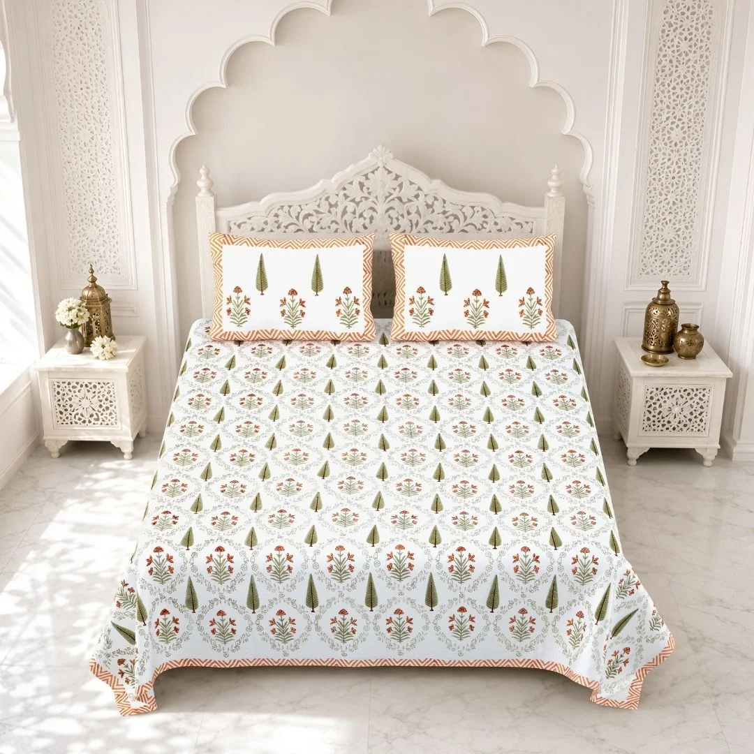 Green And Orange Floral Hand Block Print Cotton Bedsheet-Jaipur Wholesaler
