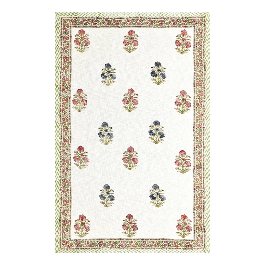 Pink Blue Flower Hand Block Printed Cotton Table Cover-Jaipur Wholesaler