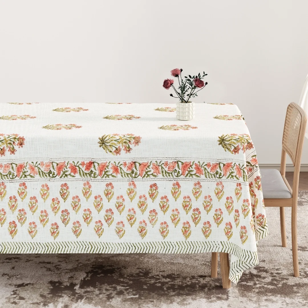 Peach Flower Block Printed Cotton Table Cover-Jaipur Wholesaler