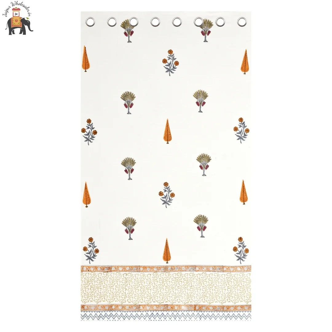 Orange Floral Hand Block Print Cotton Curtains-Jaipur Wholesaler