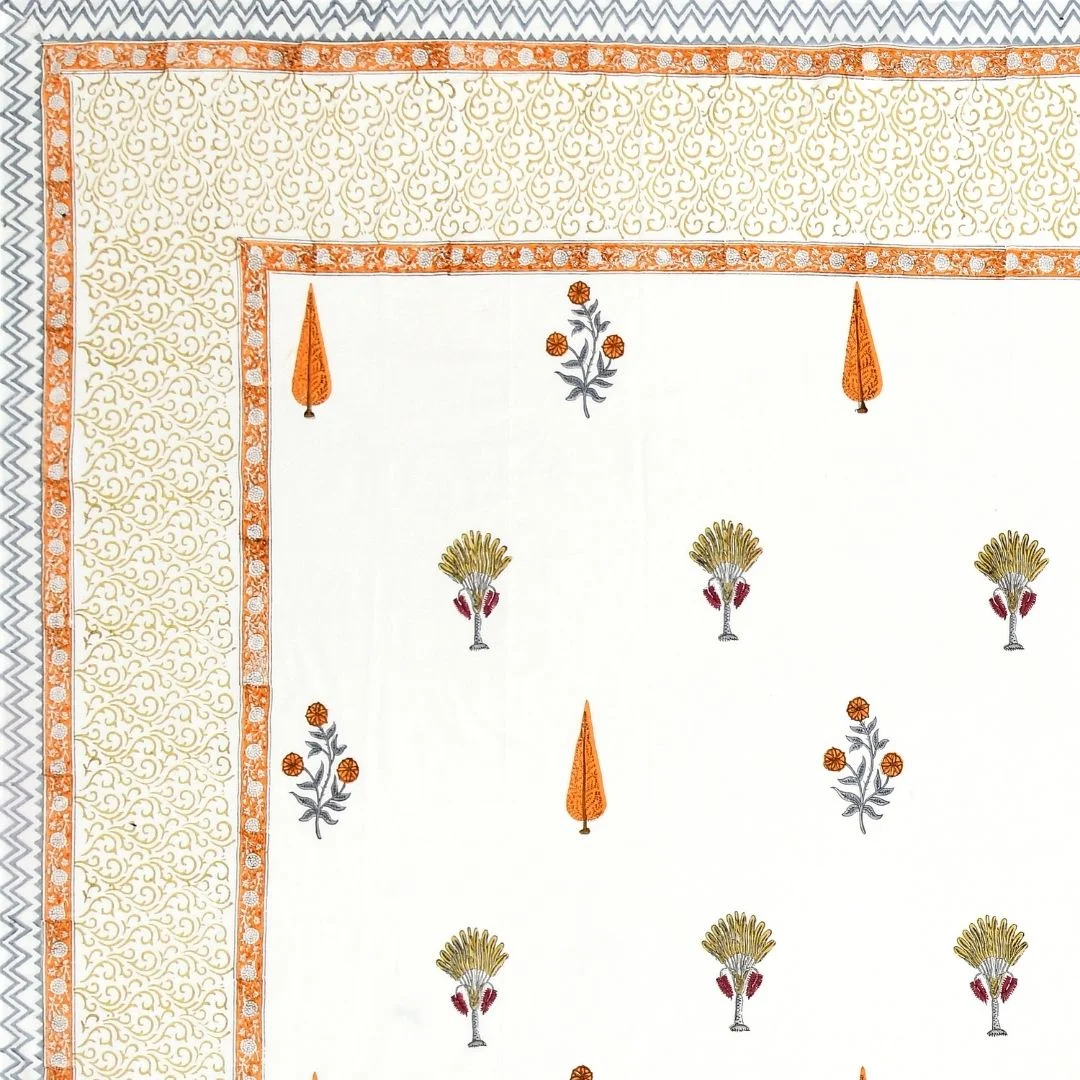 Orange Floral Hand Block Design Cotton Bedsheet-Jaipur Wholesaler