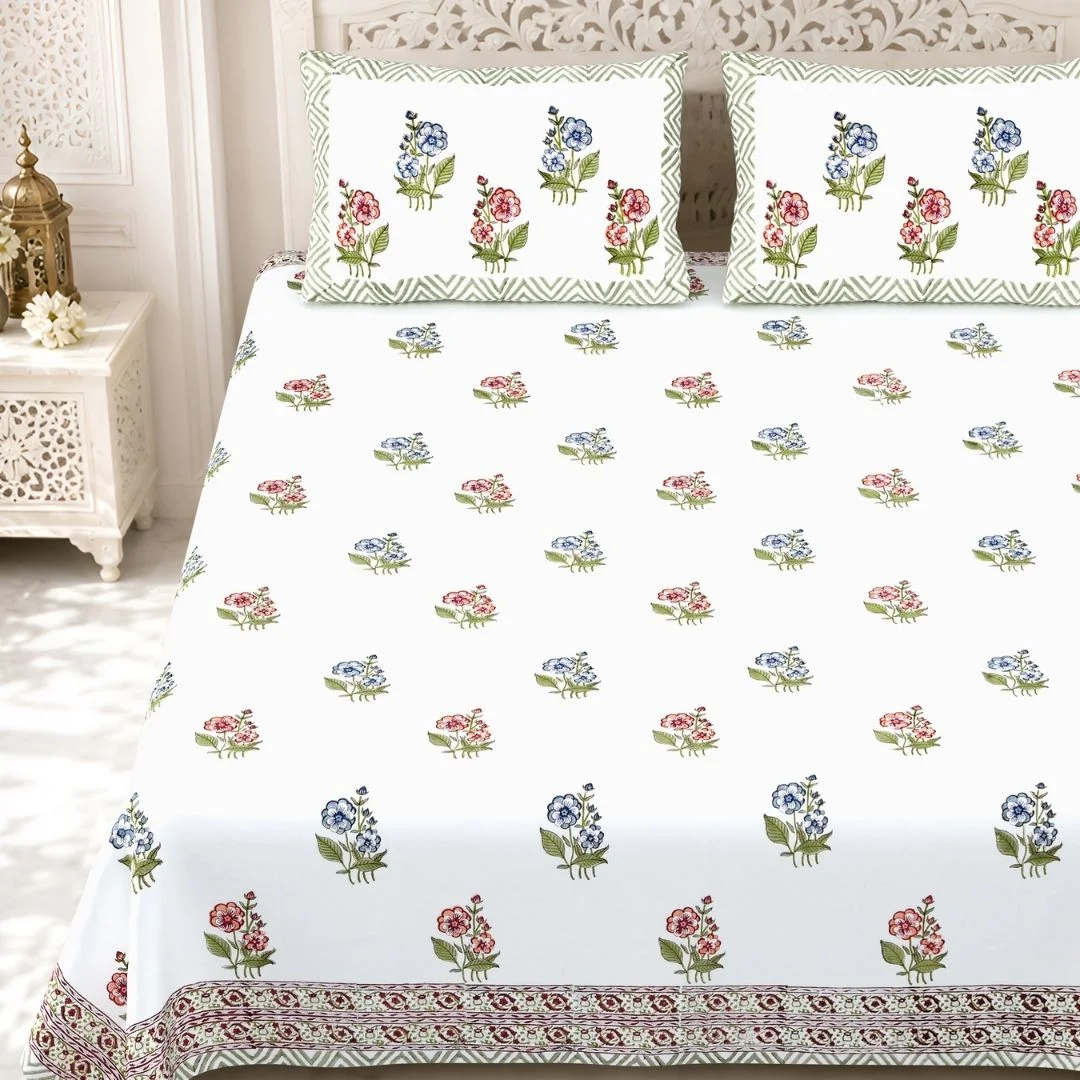 Hand Block Flower Printed Pure Cotton Bedsheet-Jaipur Wholesaler