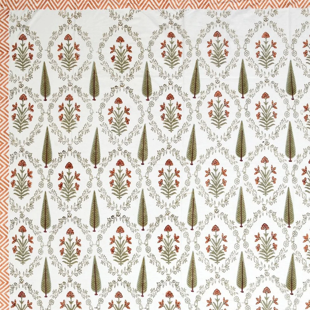 Green And Orange Floral Hand Block Print Cotton Bedsheet-Jaipur Wholesaler