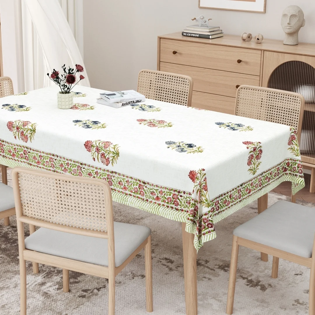 Pink Blue Flower Hand Block Printed Cotton Table Cover-Jaipur Wholesaler