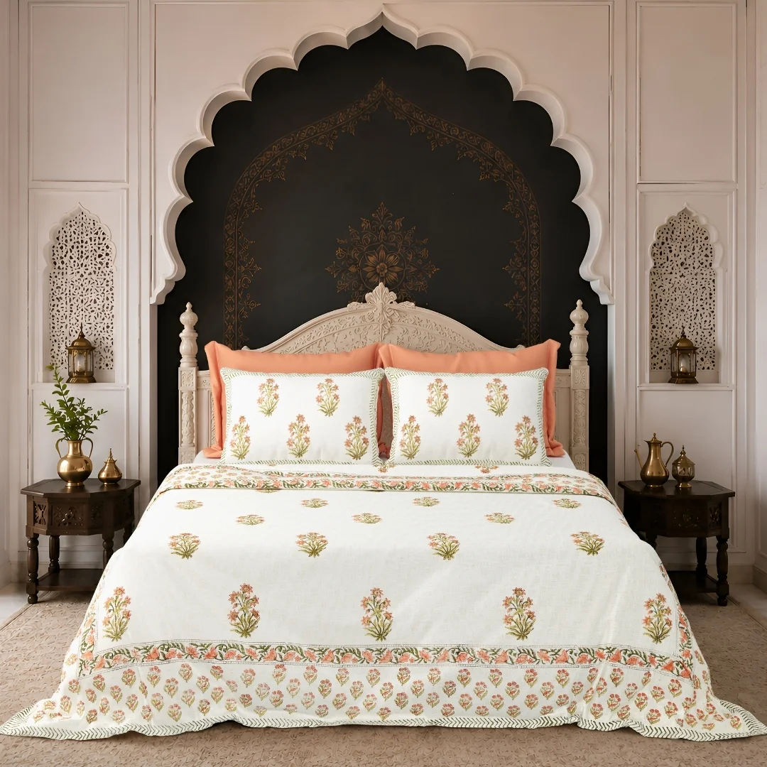 Peach Floral Hand Block Printed Cotton Bed Sheet-Jaipur Wholesaler