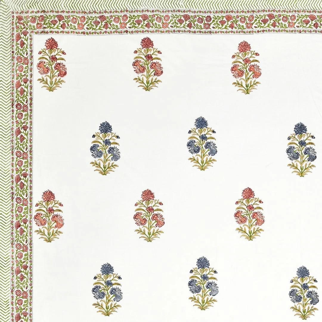Red And Blue Flower Block Printed Cotton Bedspread-Jaipur Wholesaler