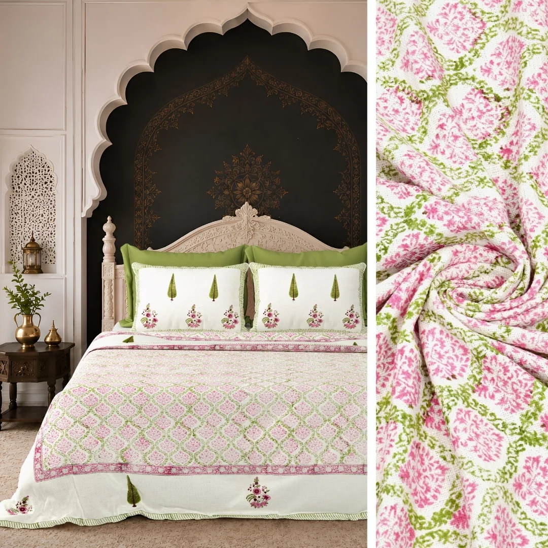 Pink Floral Hand Block Printed Cotton Bedcover-Jaipur Wholesaler