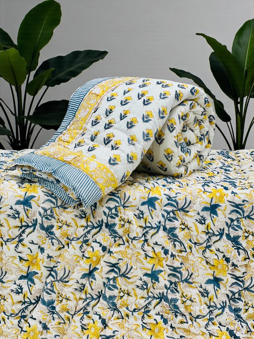 Blue and Yellow Floral Printed Quilts-Jaipur Wholesaler