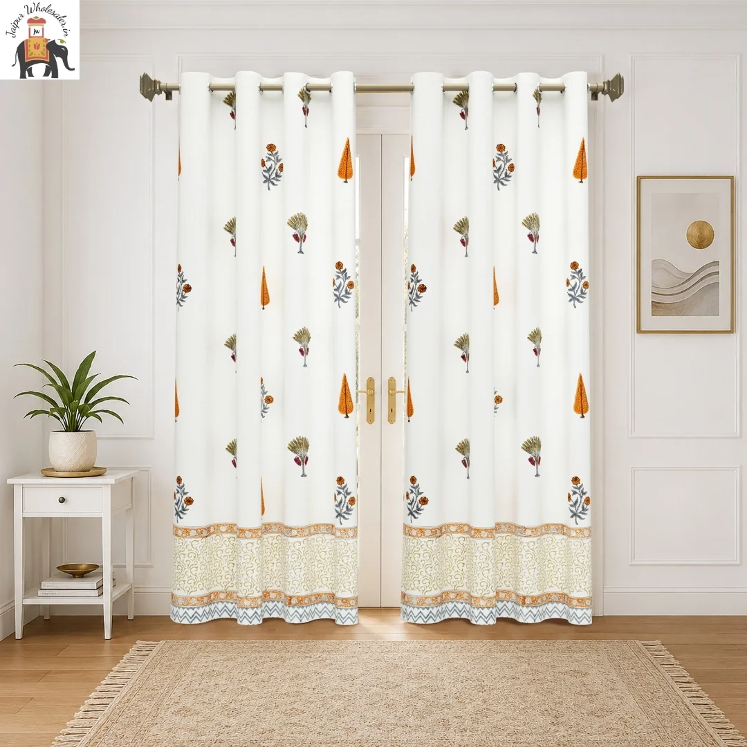 Orange Floral Hand Block Print Cotton Curtains-Jaipur Wholesaler