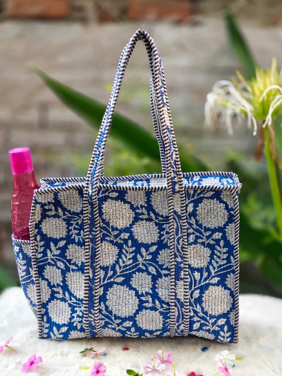 Blue and White Flower Printed Tote Bag-Jaipur Wholesaler