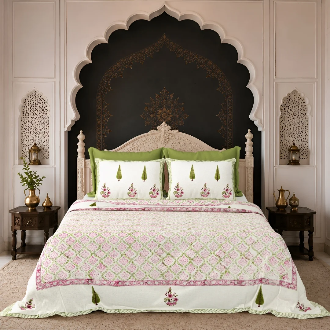 Pink Floral Hand Block Printed Cotton Bedcover-Jaipur Wholesaler