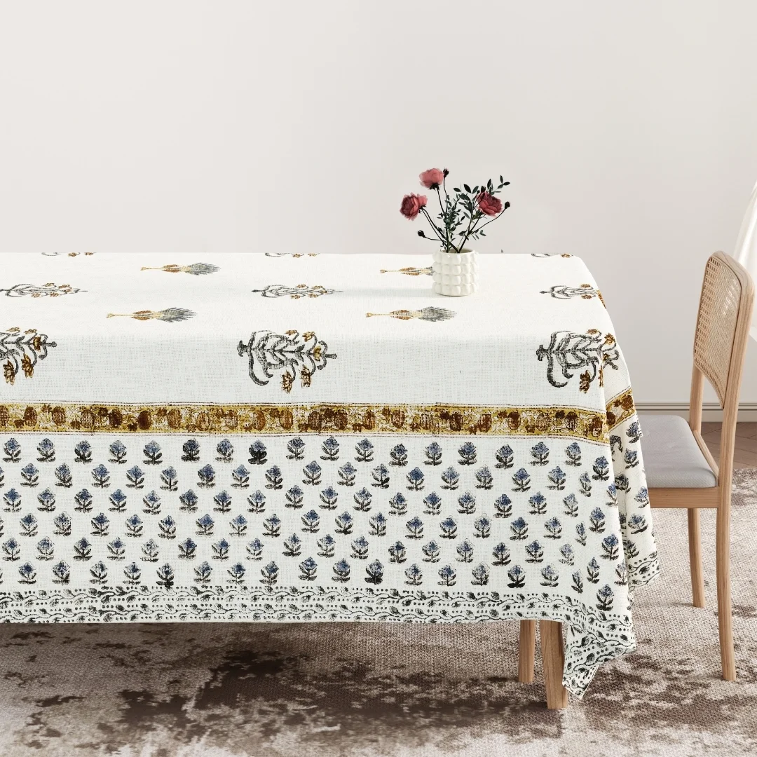 Golden And Blue Flower Block Printed Cotton Table Cover-Jaipur Wholesaler