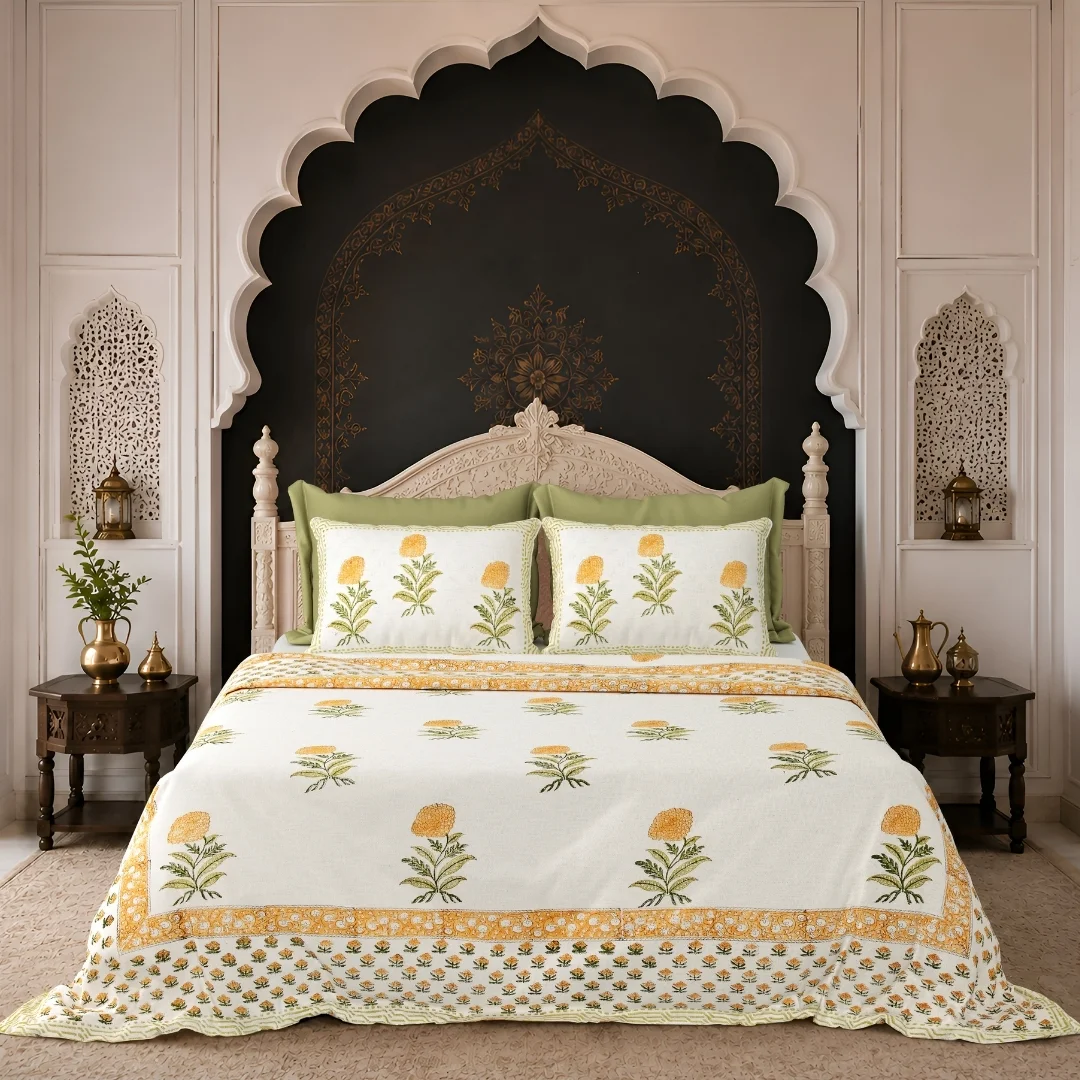 Yellow Floral Hand Block Printed Cotton Bed Cover-Jaipur Wholesaler