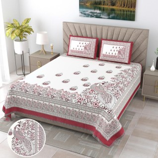 Red Screen Printed Cotton Jaipuri Bedsheet 108x108-Jaipur Wholesaler