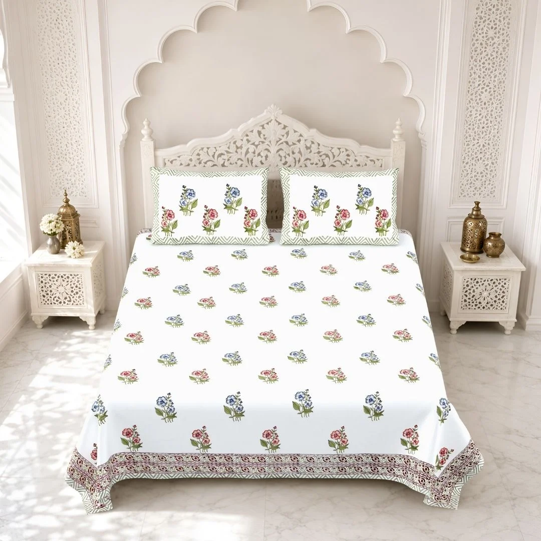 Hand Block Flower Printed Pure Cotton Bedsheet