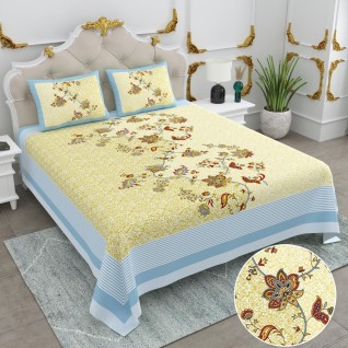 Yellow Hand Screen Print Cotton Bedsheet 108x108-Jaipur Wholesaler