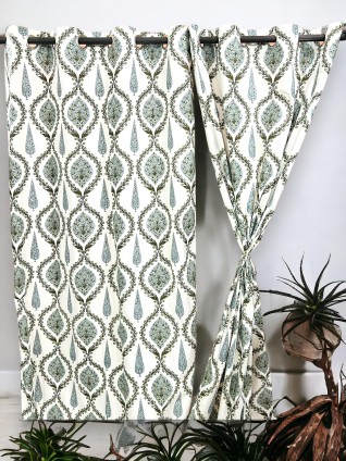 Green Printed White Curtains