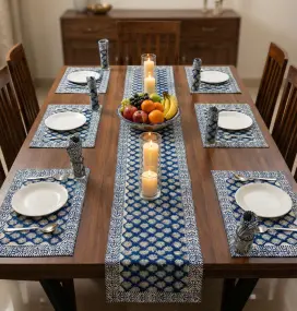 Dark Blue Printed White Table Runner Set