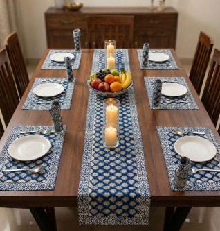 Dark Blue Printed White Table Runner Set