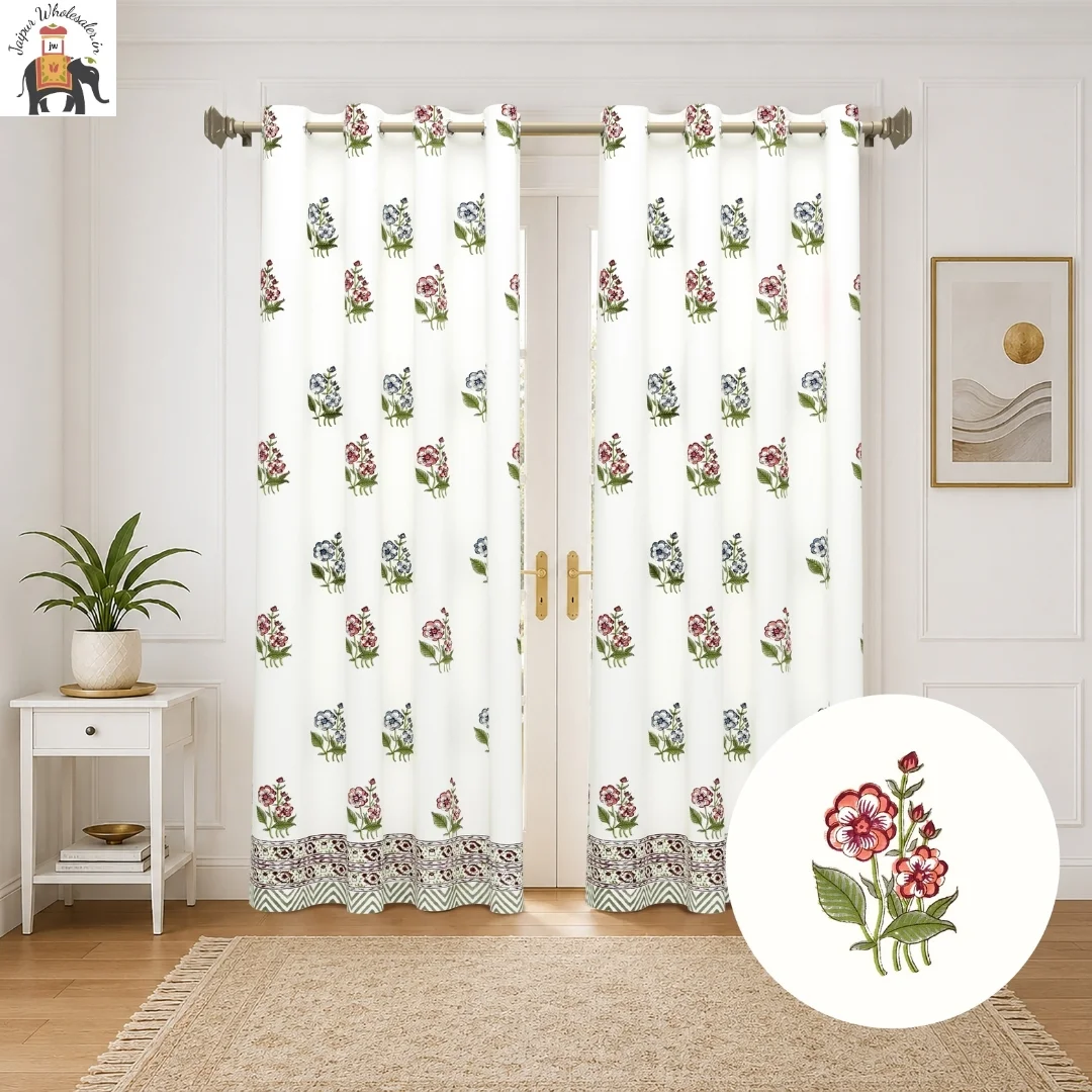 Pink And Blue Floral Hand Block Print Cotton Curtains